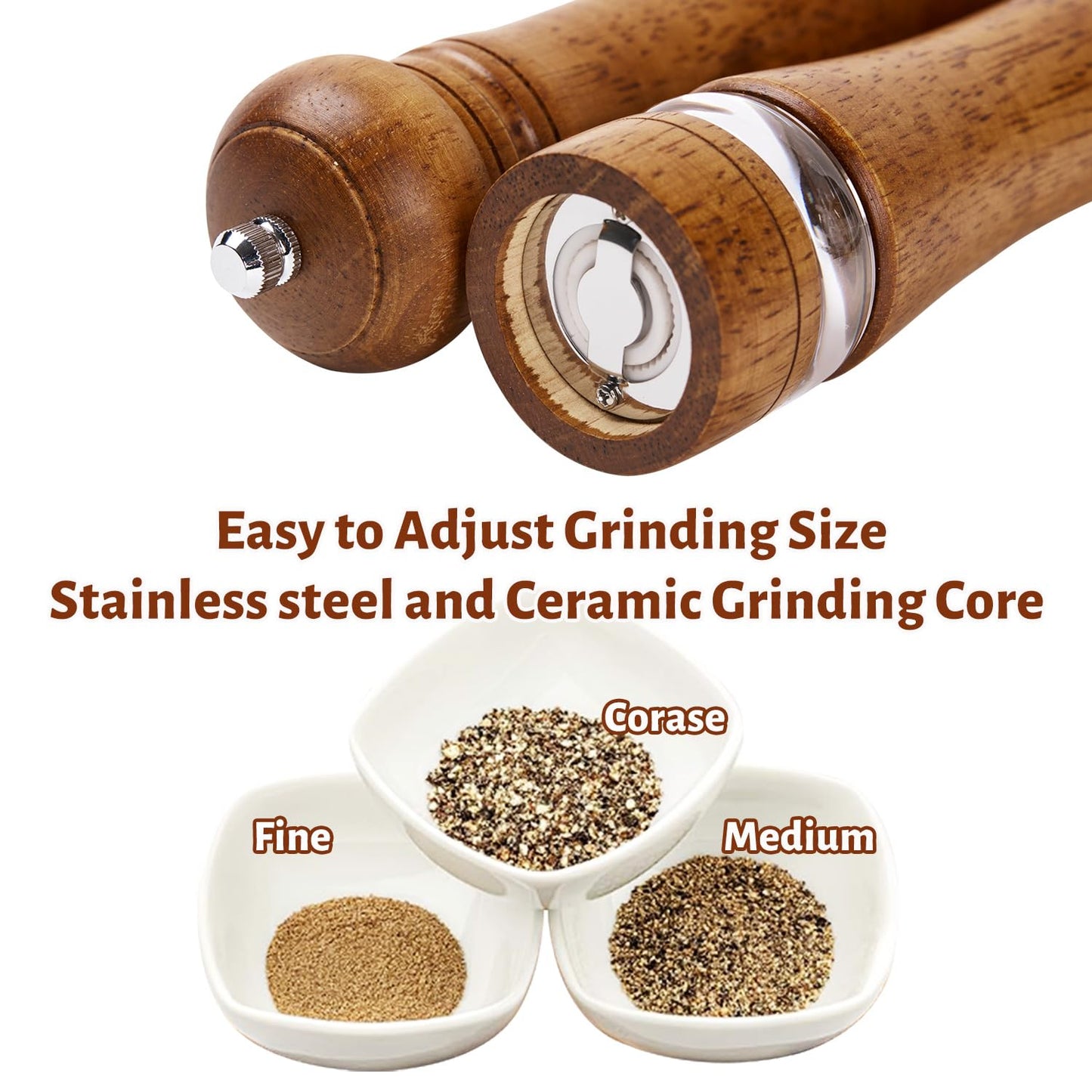 ROCKSHEAT Wooden Pepper Grinder Set of 2, 8 Inch Beech Wood Pepper Mills with Stainless Steel Core, Manual Pepper Grinder with Comfort Grip & Effortless Grinding for Kitchen Cooking