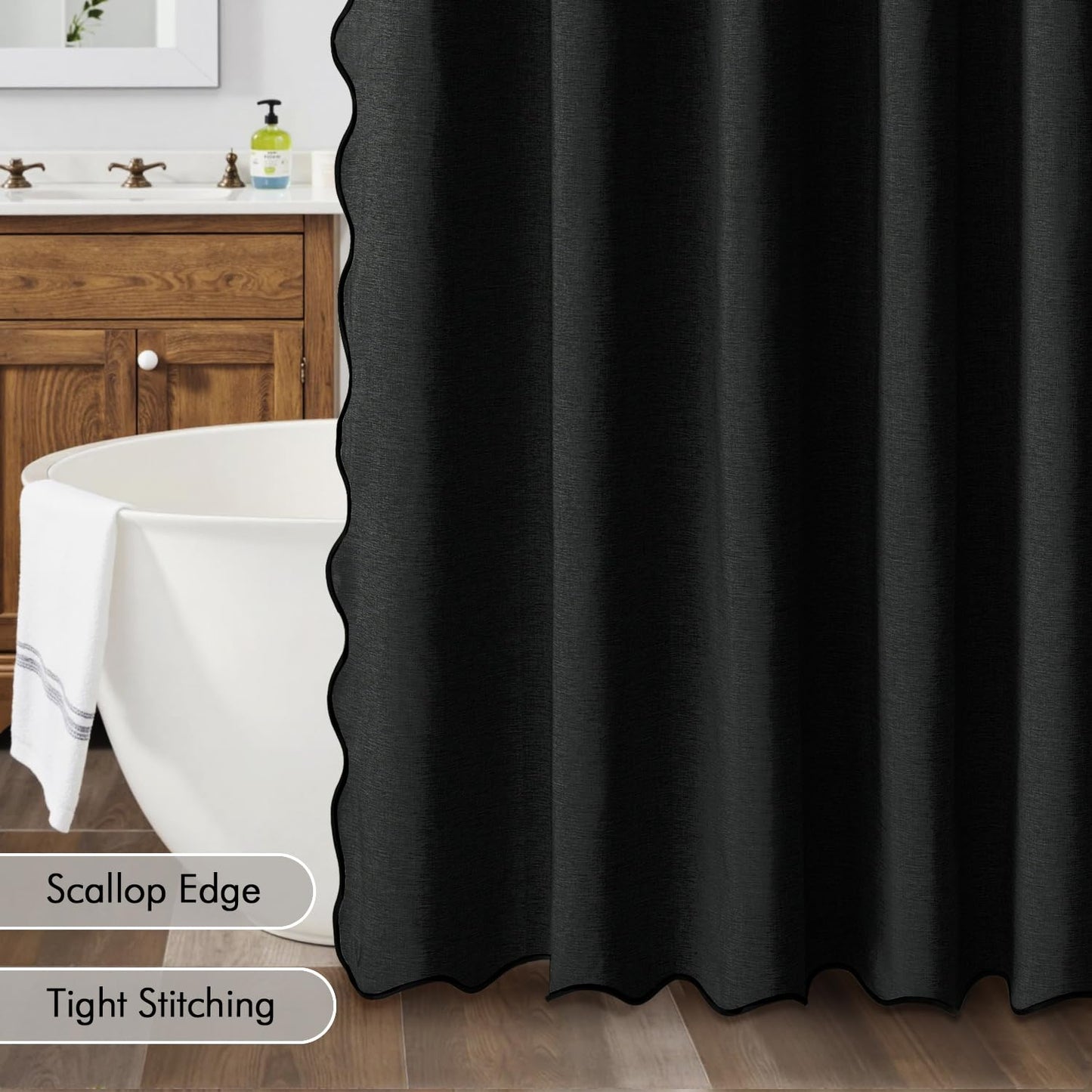 MIULEE 84" Long Scalloped Shower Curtain Linen Textured with 12 Metal Hooks Cute Extra Long Heavy Duty Washable Waterproof Cloth Halloween Shower Curtains with Black Border for Bathroom Hotel,Black