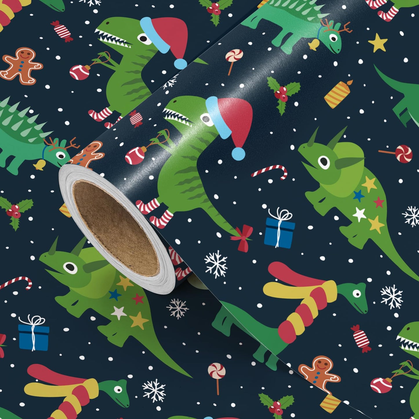 WRAPAHOLIC Dinosaur Christmas Wrapping Paper - Mini Roll - 17 Inch x 16.5 Feet - Green Christmas Dinosaur Wrapping Paper for Boys Girls Kids, Xmas Holiday, Party Celebration