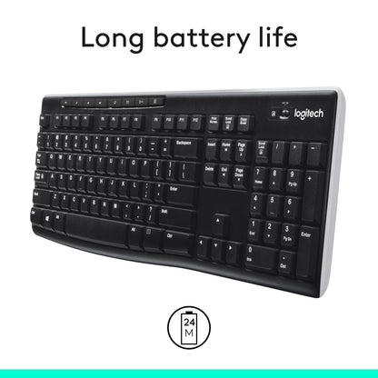 Logitech K270 Wireless Keyboard for Windows, 2.4 GHz Wireless, Full-Size, Number Pad, 8 Multimedia Keys, 2-Year Battery Life, Compatible with PC, Laptop, QWERTY UK English Layout - Black
