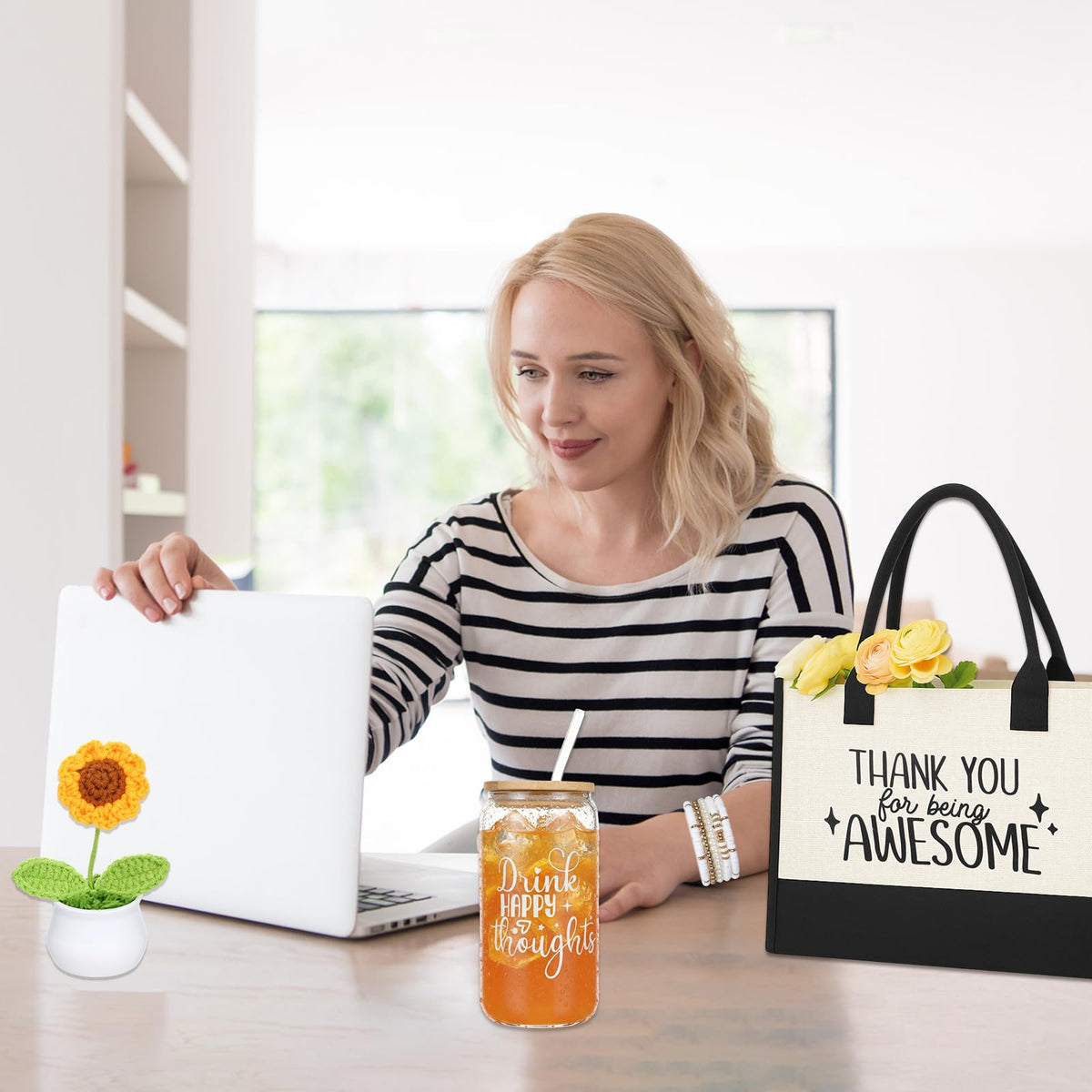 Zopeal 10 Pcs Mother Appreciation Gifts Thank You Gifts Set for Women with Canvas Tote Bag Candle Glass Tumbler Socks Bracelet Makeup Bag for Mother Friend Coworker Teacher Employee Birthday Gift