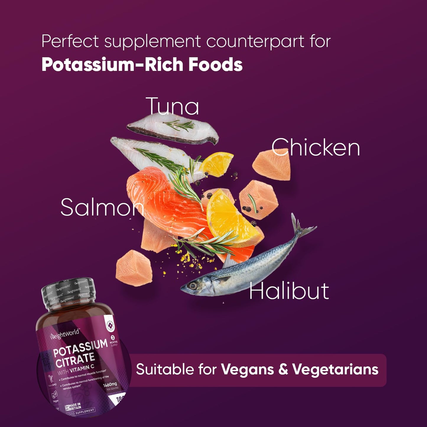 Potassium Supplement with Vitamin C 1460mg | 3 Months Supply | 180 Tablets | Electrolytes Tablets | Bioavailable Potassium Citrate Form | Non-GMO, Gluten-Free & Vegan-Friendly | Made in The UK