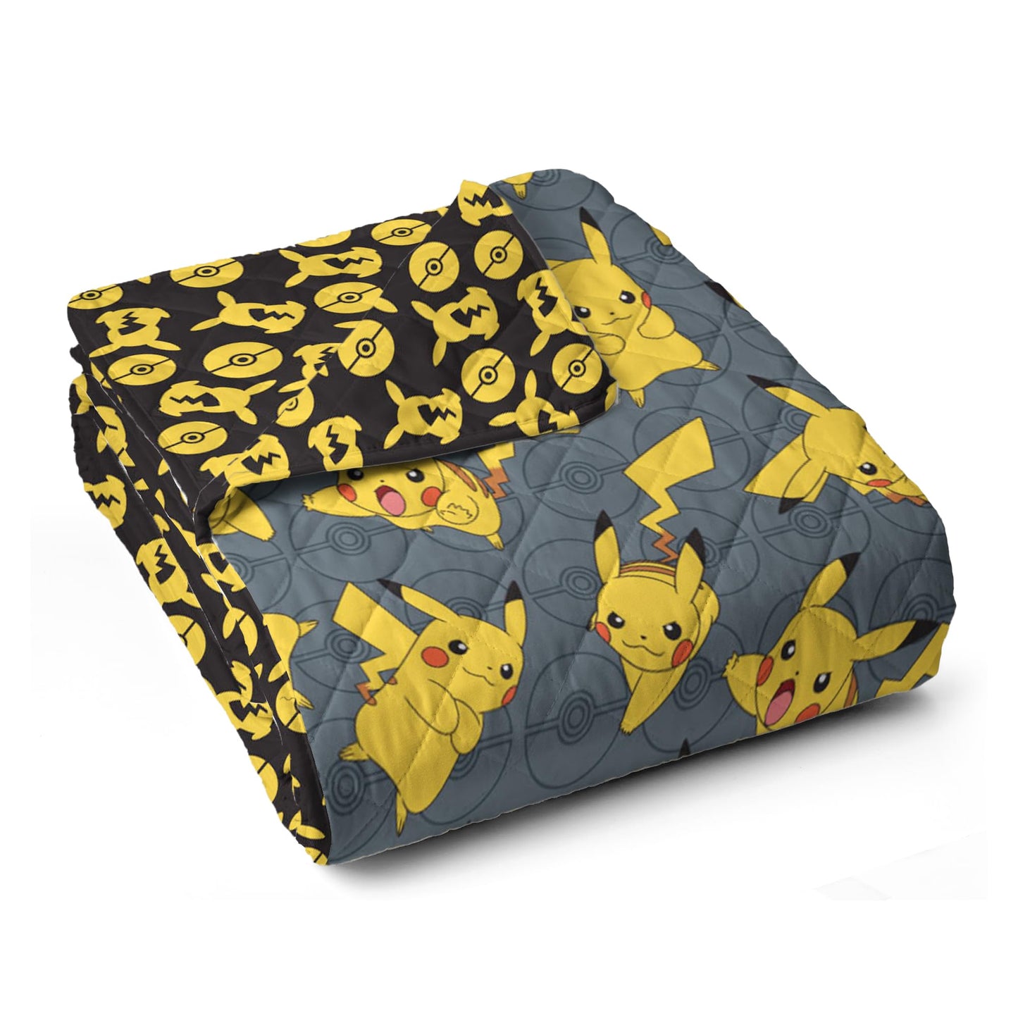 Northwest Pokemon Company Reversible Twin Quilted Blanket - Pikachu & Pokeball Pattern for Anime Fans, Cozy Blanket for Bed, Game Room or Couch, 60x90 inches