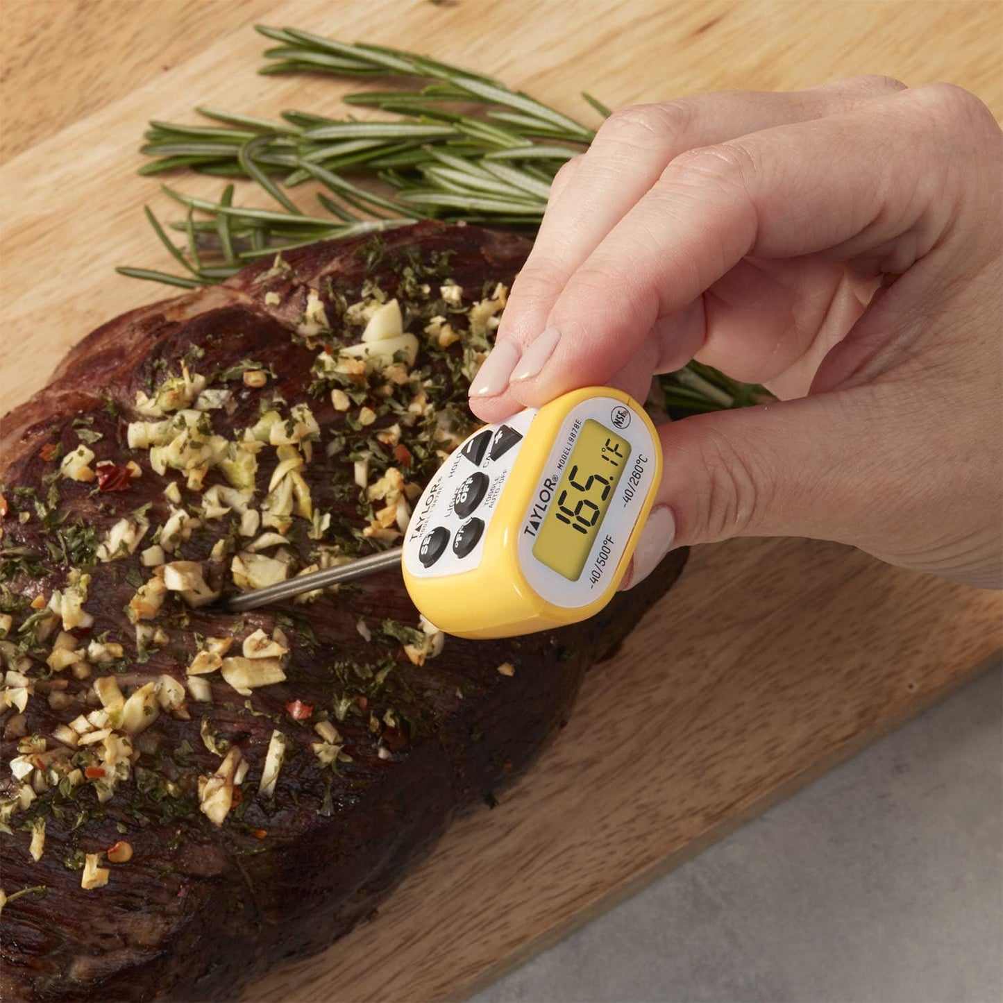 Taylor Compact Waterproof Digital Food Thermometer, 4.5 Inch Stem Length with an FDA Recommended 1.5mm Stepdown Probe Diameter and Amber Backlit LCD, HOLD, Min/Max; NSF, Yellow