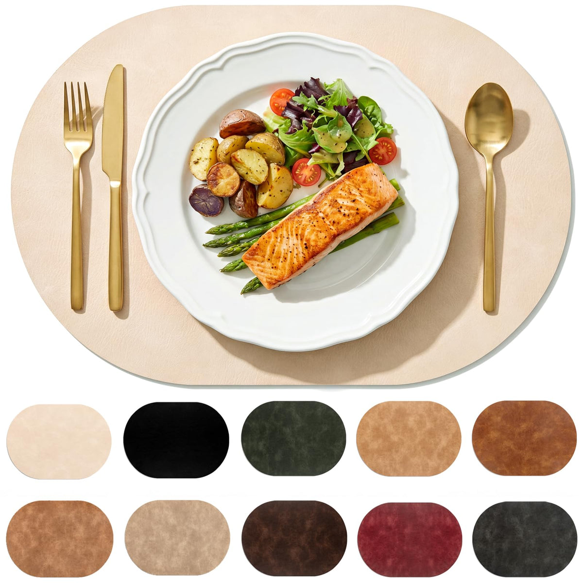 BIPASION Placemats, Oval Placemats 2mm Ultra Thick Faux Leather Table Mats, Heat Resistant Waterproof Wipeable Dining Mats for Kitchen Table, Set of 8, Beige