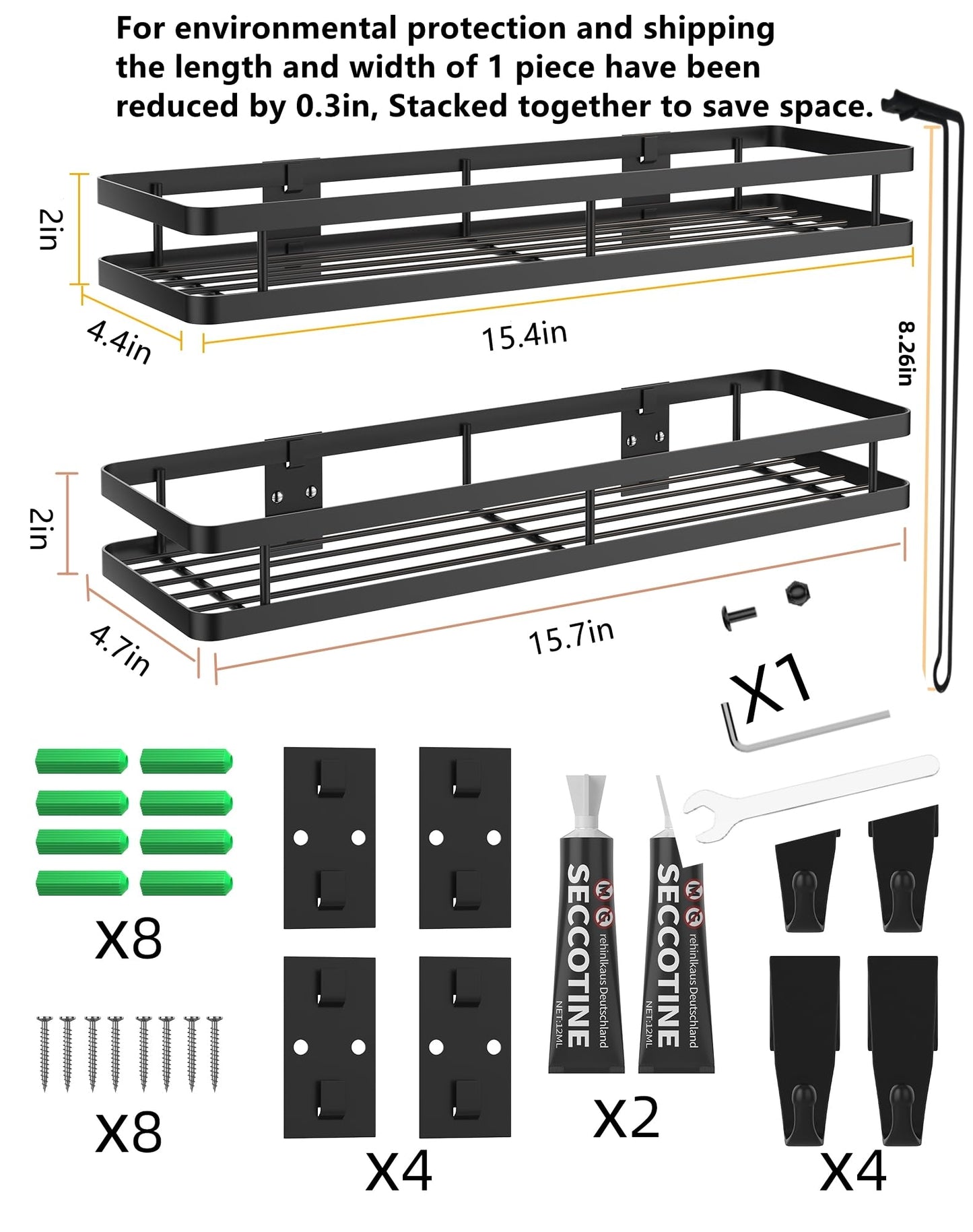 Spice Rack Organizer Wall Mount - 15.7in 2Pack [Upgraded Version] Hanging Seasoning Organizer Shelf with Paper Towel Holder, Storage for Cabinet or Wall Mounted with 4 Strong Hooks (Simple black)