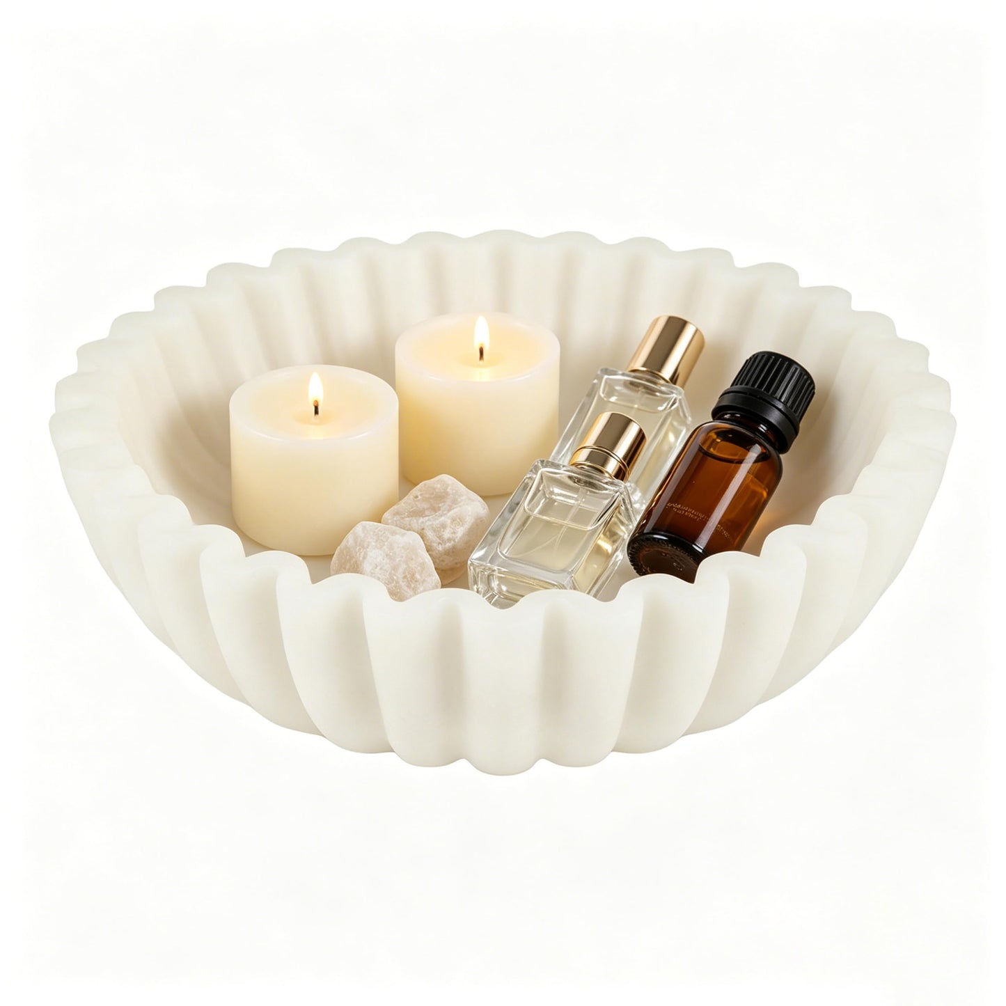 iAmoy White Decorative Bowl, Marble Style Catchall Bowl for Entryway Console Coffee Table Shelf, 10” Scalloped Fluted Decorative Centerpiece Living Room Decor Dresser Organization