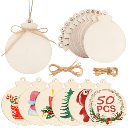 OurWarm 50pcs DIY Christmas Wooden Ornaments Unfinished, 4" Large Natural Wood Slices Predrilled with Hole Wooden Circles for Crafts Christmas Ornaments Decorations