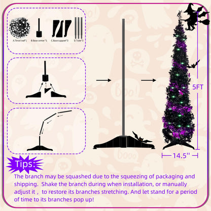 Pop up Christmas Tree for Indoor Decoration,5FT Pre-lit Mini Halloween Tree with 60 Lights,Black Artificial Pencil Tree Collapsible Tinsel Lighted up Christmas Tree