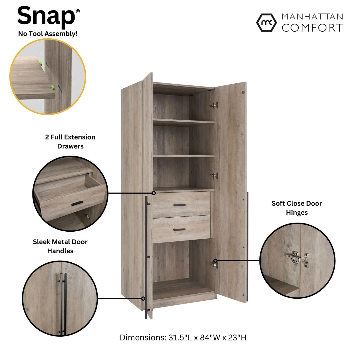 Manhattan Comfort Lee Modern Freestanding Closet 1.0 | Space-Saving Design with 6 Shelves, 4 Drawers & 2 Large Storage Areas | No Tool Assembly Storage Cabinet, 2 Piece Set, Grey