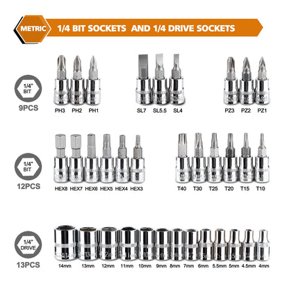 EGOFINE 46 Pieces 1/4" Drive Socket Set&Tool Sets, Ratchet Wrench Set with Bit Socket Set Metric and Extension Bar for DIY, Car Repair and Household with Storage Case