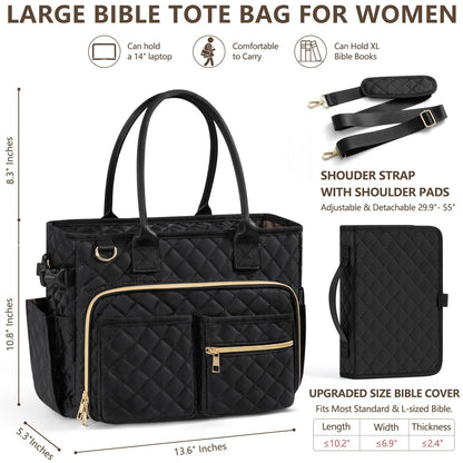 Large Bible Bag with Bible Cover Case for Women, Quilted Church Tote Bag Carrying Case w/Shoulder Strap Bible Study Supplies Journaling Kit Accessories Mothers Day Christian Gift for Women Mom Teacher