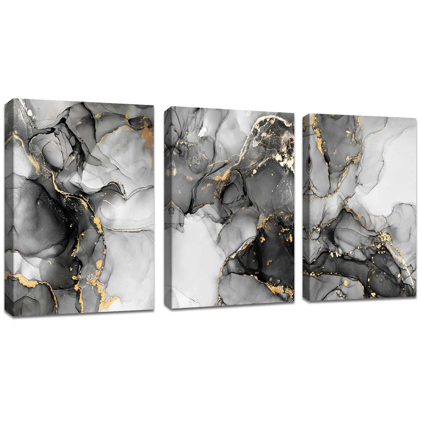 FajerminArt 3 Panels Framed Canvas Wall Art Marble Gray Gold White Pictures Printing Painting Poster Canvas Prints Wall Decor for Bedroom Living Room Bathroom Office Ready to Hang 40x60cmx3Pcs