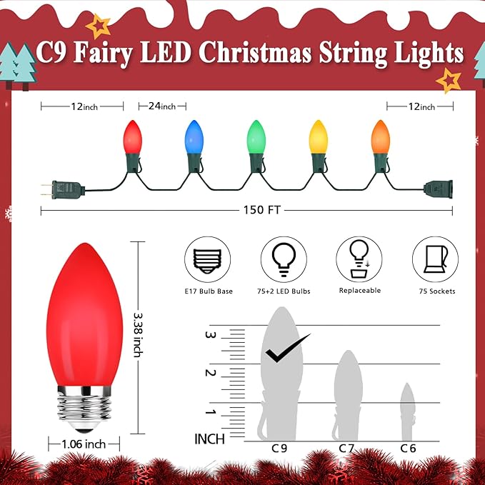 C9 Christmas Lights Outdoor Multicolor, 150FT 75LED string Lights Waterproof Shatterproof, Extendable C9 Xmas Light, Indoor Outdoor Christmas String Light for House Roof Patio Garden Tree Party