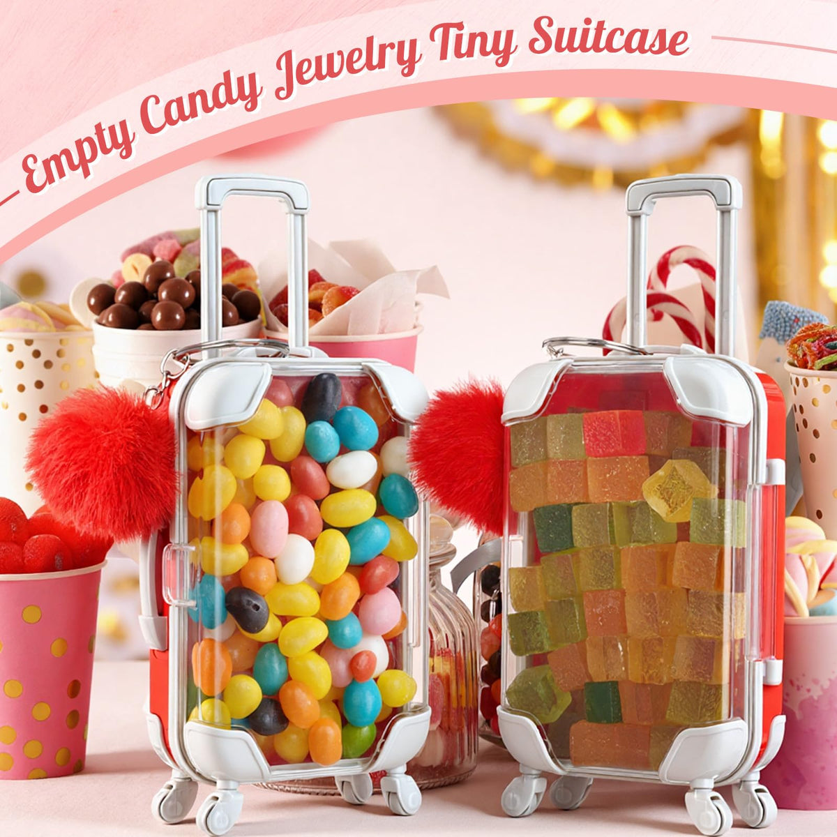 VioraWhite 20 Pcs Mini Suitcase Empty Storage Box and Plush Ball Keychain Candy Luggage Containers Packaging Case for Bridal Shower Baby Shower Party Favors Travel Gifts (Red)