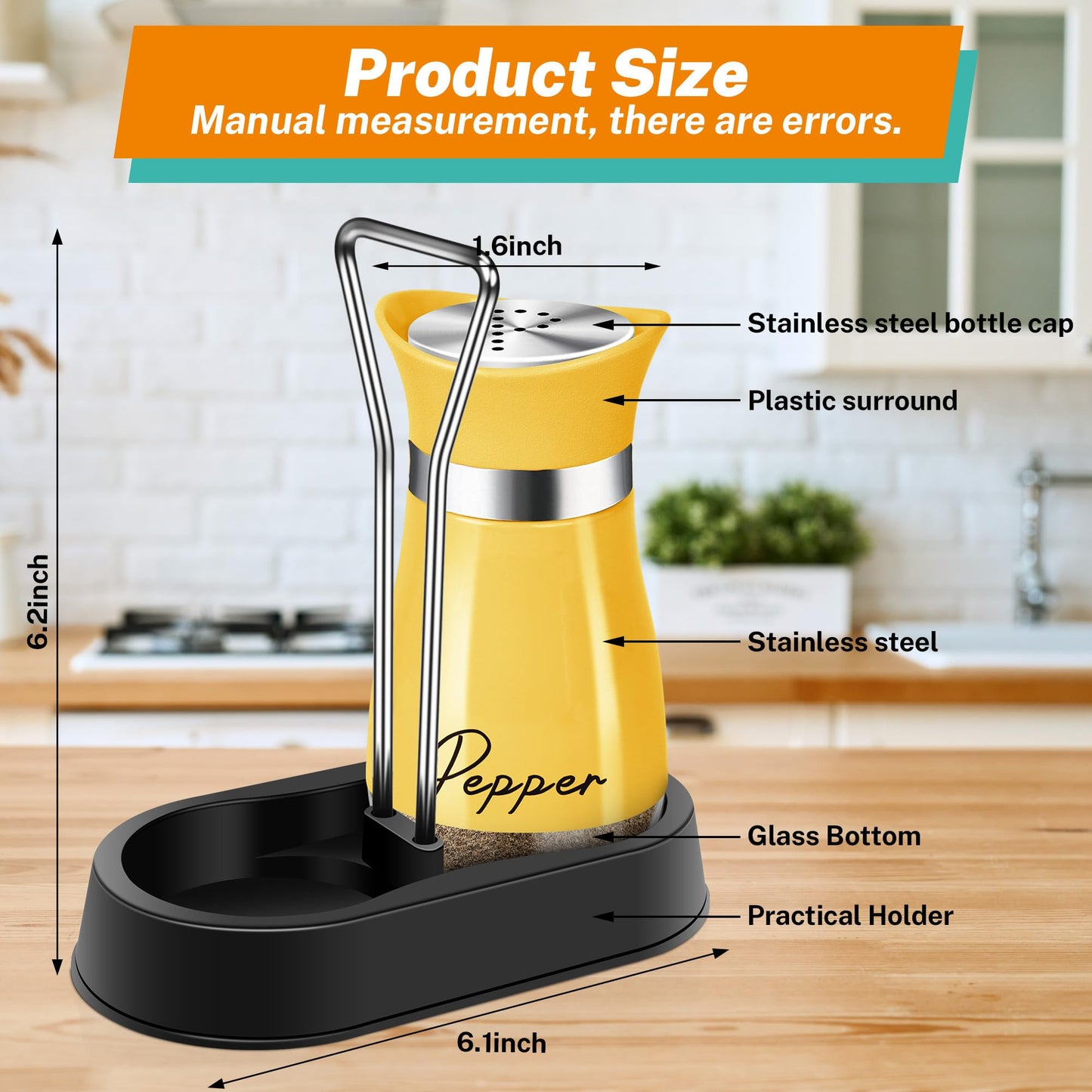 Yellow Salt and Pepper Shakers Set with Holder,4 oz Cute Kitchen Decor and Accessories Farmhouse Gadgets Table Housewarming Gift Thanksgiving Christmas Decor Refillable Design (Yellow)