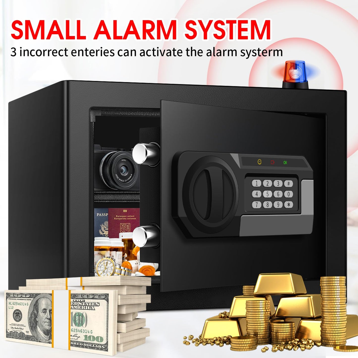 1.2 Cubic Feet Small Fire Safe Box for Home, Fireproof Lock Box, Security Money Safe with Digital Keypad, Spare Keys and Removable Shelf, Personal Home Safes for Money, Jewelry, ID Documents