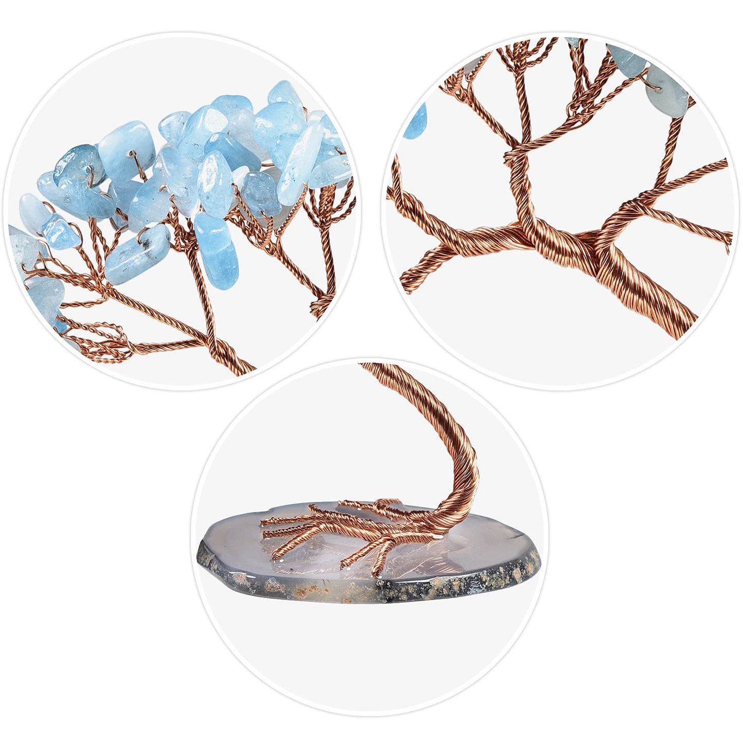 mookaitedecor Natural Aquamarine Crystal Money Tree Agate Slice Base Feng Shui Bonsai Crystal Tree for Wealth Luck Desk Decor, 3-4 Inch High