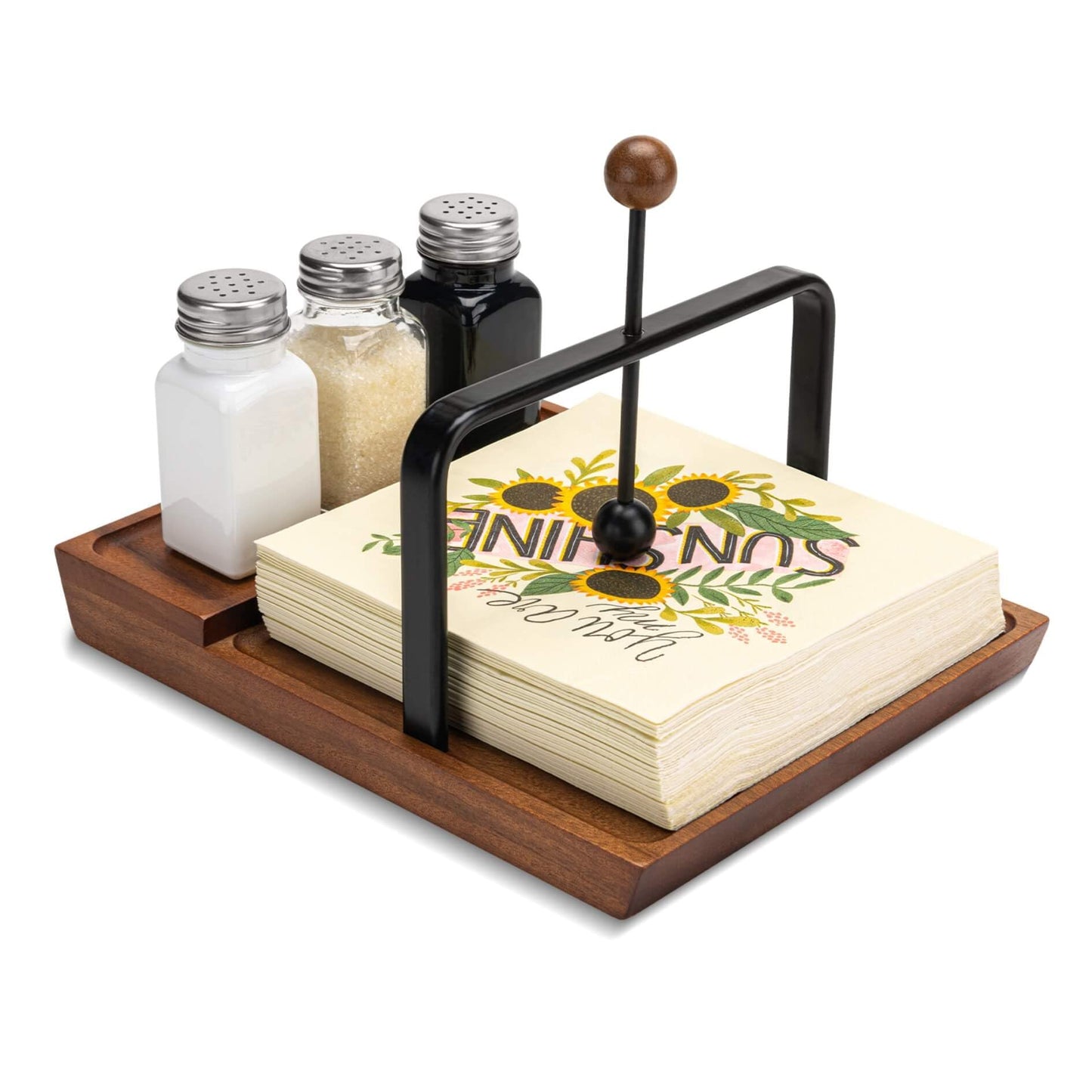 Black Wooden Napkin Holder, Multifunctional Farmhouse Napkin Holder for Table, Kitchen, Outdoor Use, Includes Space for Salt and Pepper Shakers (Seasoning Jar Not Included)