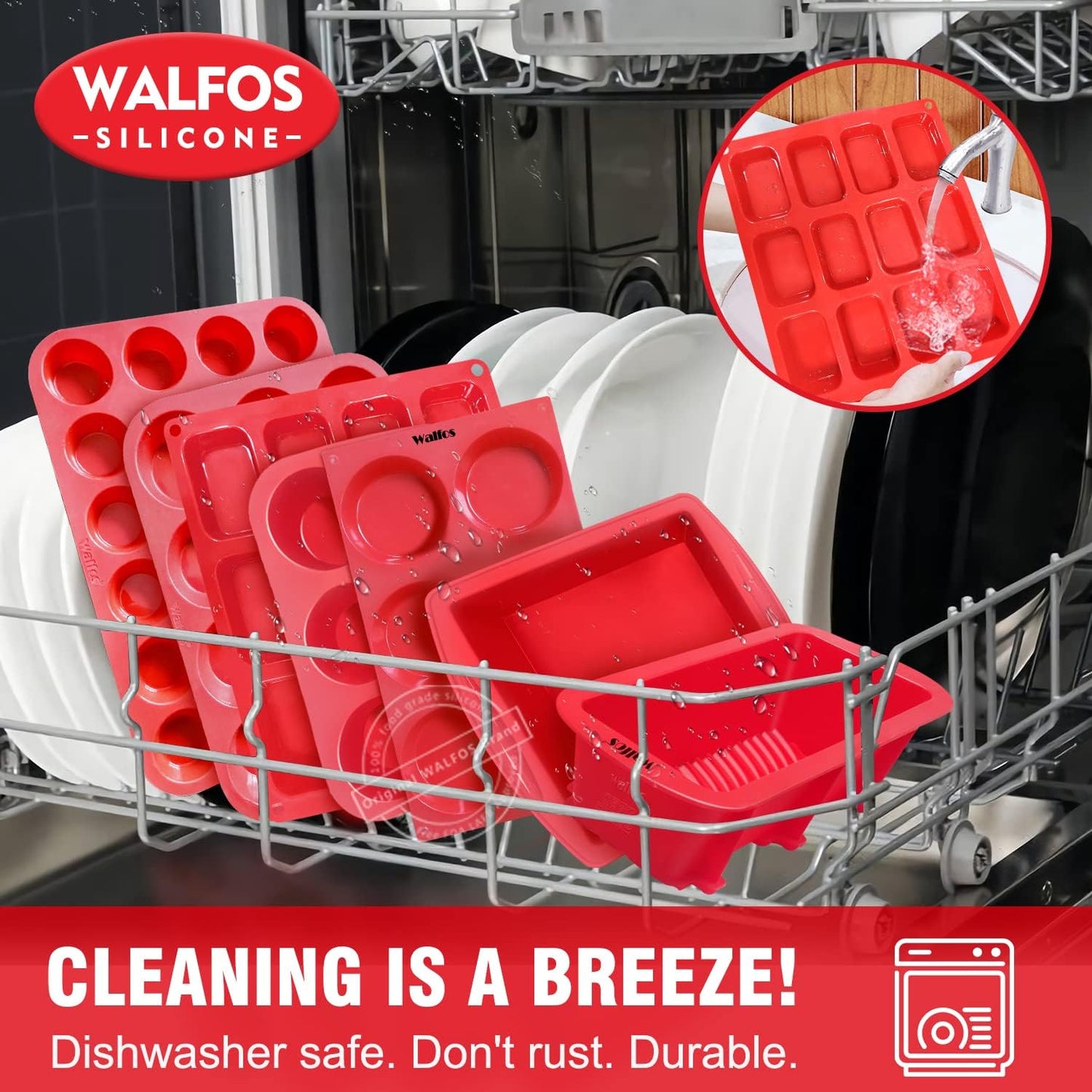Walfos Silicone Mini Loaf pan, 12 Cavities Mini Bread Pan Brownie Pan, Food Grade & Non-Stick, Ideal for Mini Bread, Brownie, Cornbread, Cheesecake & Chocolate, Set of 2