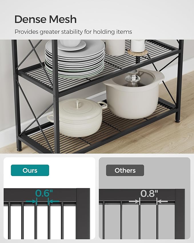 SONGMICS 5-Tier Metal Storage Rack, Shelving Unit with X Side Frames, Dense Mesh, 12.6 x 31.5 x 57.3 Inches, for Entryway, Kitchen, Living Room, Bathroom, Industrial Style, Ink Black UBSC185B01