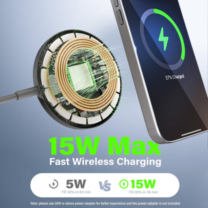 Magnetic Wireless Charger Charging Pad: 15W Qi Fast Portable Slim Charger Puck for iPhone 17e 17 Air 17 Pro Max 16 15 14 13 12 Series S26 & AirPods 4 3 2 Pro - Include USB-C/A Dual Ports (2Pack Black)