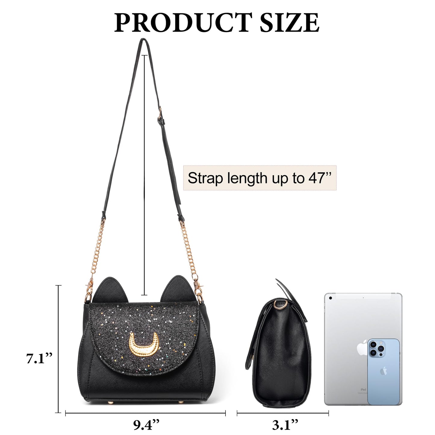 Sunwel Fashion Women Kawaii Anime Handbag Cosplay Gothic Crossbody Cat & Moon Purse Sequin Shoulder Bag
