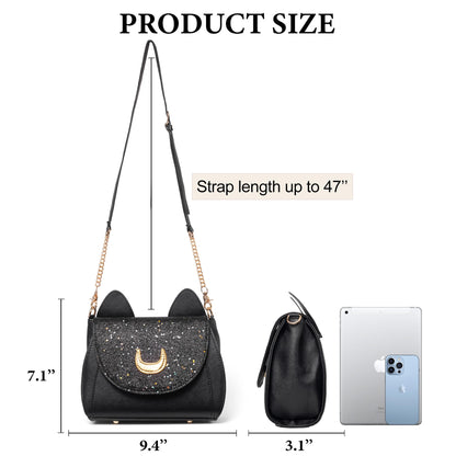 Sunwel Fashion Women Kawaii Anime Handbag Cosplay Gothic Crossbody Cat & Moon Purse Sequin Shoulder Bag
