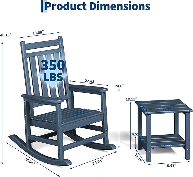 HDPE Rocking Chair Outdoor Set of 4 with 2 Side Table - Poly High Back Porch Rocker Chairs for Adults - All Weather Resistant Furniture for Patio Front Porch - Navy Blue