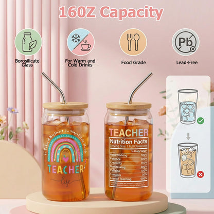 FINELOVE Teacher Appreciation Gifts for Women: 9 Pcs Teacher Gift Set with Large Functional Canvas Tote Bag & 16oz Glass Cup Thank You Gifts for Teacher Retirement, Back to School, Birthday, Christmas