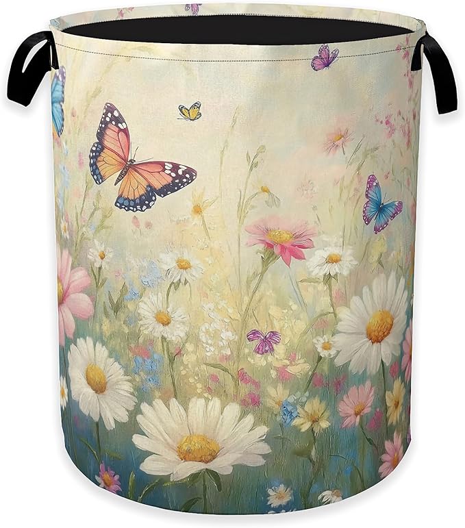 Spring Flowers Laundry Hamper, Watercolor Garden Wildflower Butterfly
