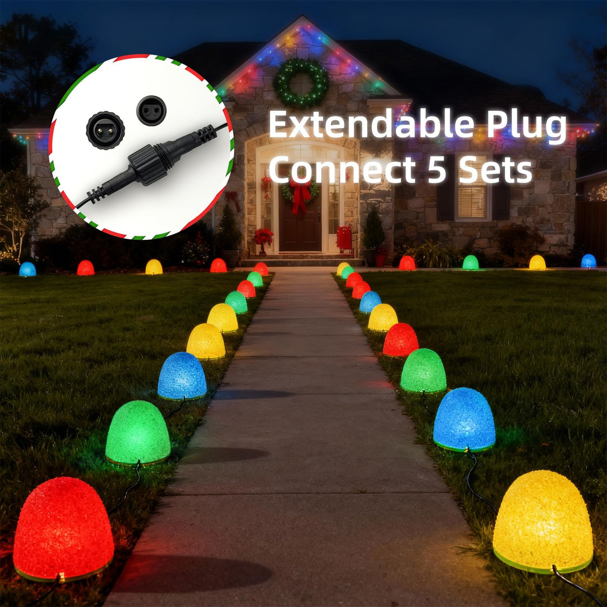 Illuminated Gumdrop Christmas Pathway Lights Outdoor Decorations, Connectable 4Pcs Light Up Gum Drop with Timer for Yard, Cute Holiday Christmas Outside Decor for Porch,Walkway, Gingerbread Theme