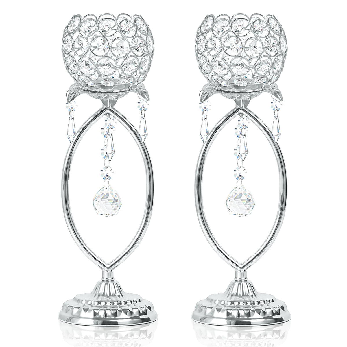 kehail 2 Pcs Silver Elegant Metal Crystal Tea Light Candle Holders with Crystal Pendants, Hollow Design - Wedding Table Centerpieces for Anniversary Birthday Party, Home Decor