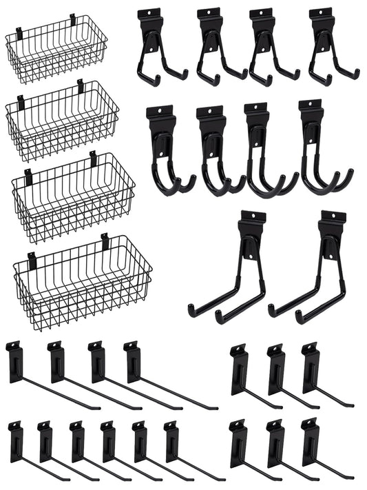 Slatwall Accessories 30 Pcs Slatwall Hook Slat Wall Hanging Hook Garage, Slat Wall Accessory Includes 4 Pack Slatwall Baskets Set and 26 PCS Multisized Heavy Duty Slatwall Hooks