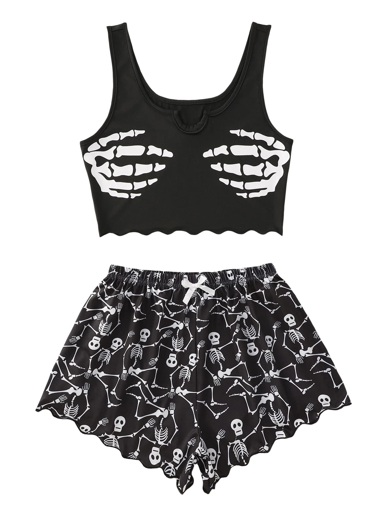 WDIRARA Women's Plus Size Sleepwear Cute Cartoon Print Scalloped Tank Top and Shorts Pajama Set Black and White 1XL