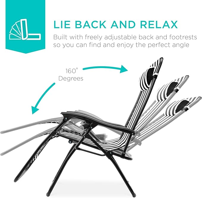 Best Choice Products Set of 2 Adjustable Steel Mesh Zero Gravity Lounge Chair Recliners w/Pillows and Cup Holder Trays - Black Striped