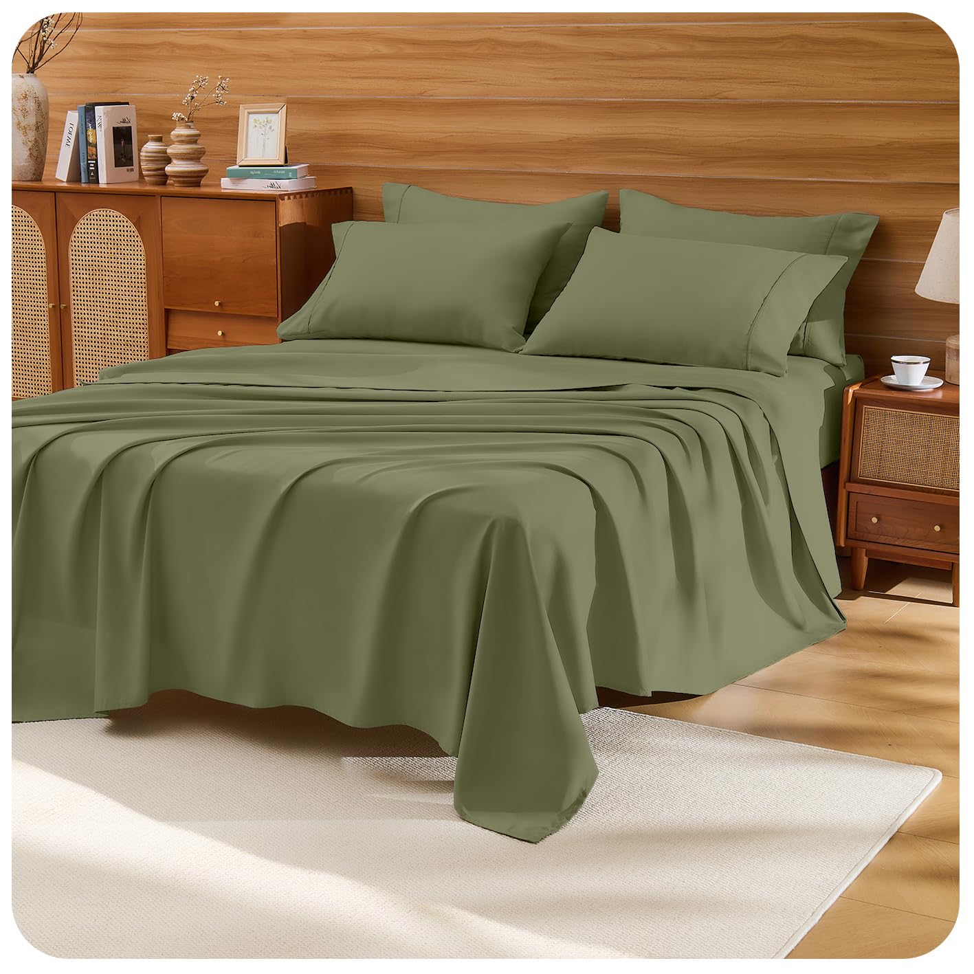 Loyalberry Queen Sheet Set- 6 Piece Breathable & Cooling Sheets | Ultra-Soft Hotel Luxury Bed Sheets | 18" Deep Pocket | Wrinkle, Fade, Stain Resistant (Olive Green, Queen)
