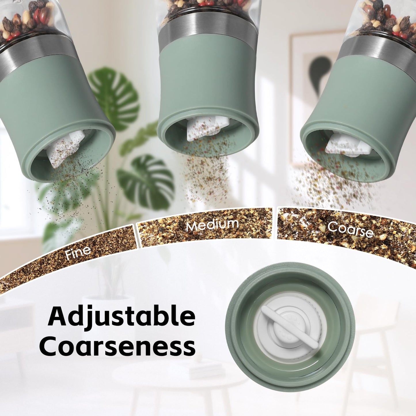 vzaahu Small Salt and Pepper Grinder Set,Green Mini Portable Refillable Spice Mills for Home, Travel, RV & Outdoor Dining,Adjustable Grinding Coarseness
