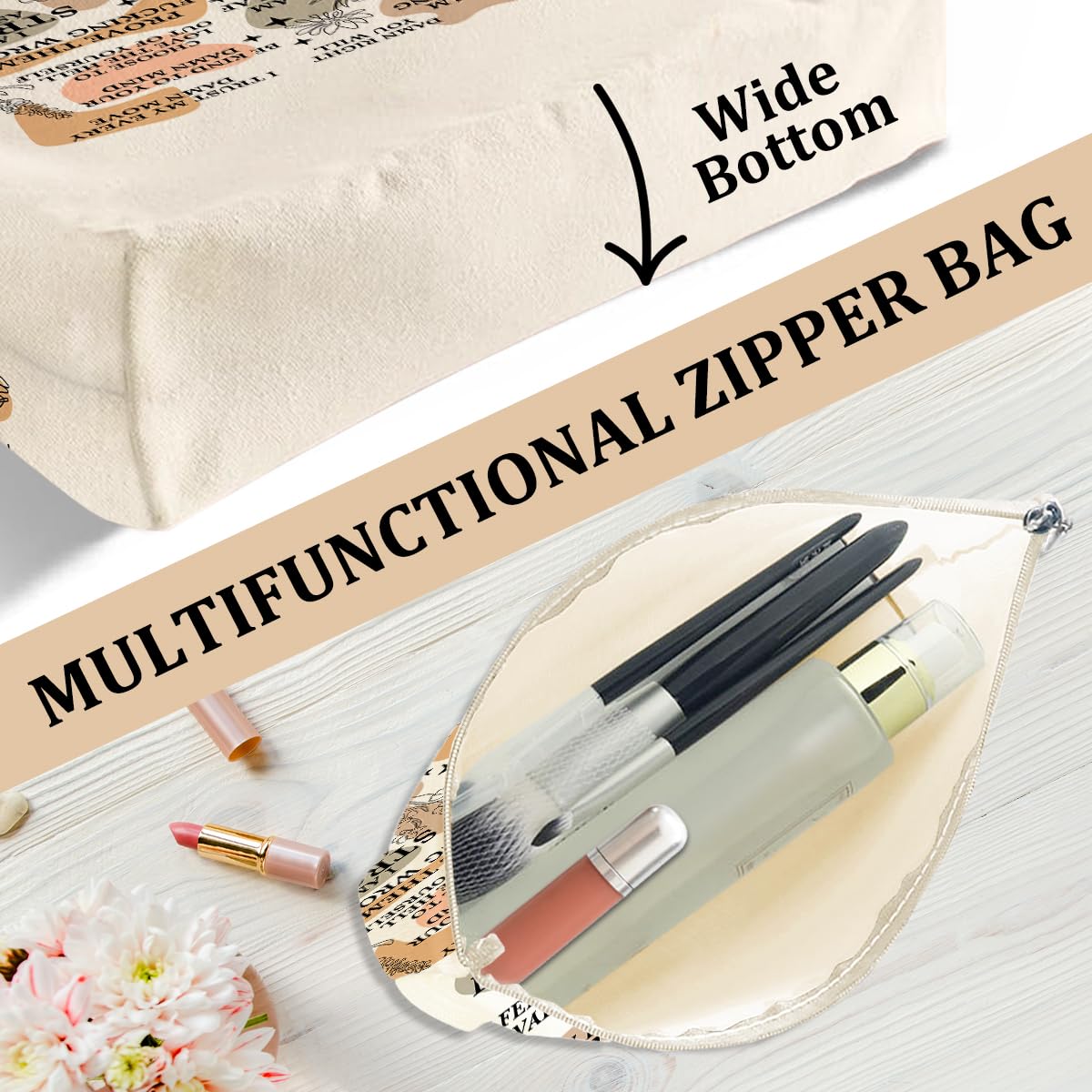 Daily Reminders for Women 2PCS Makeup Cosmetic Bag Canvas Tote Bag for Beach Shopping Work Office Self Love Gifts Inspirational Mental Health Gifts for Female Friend Colleagues Birthday Christmas