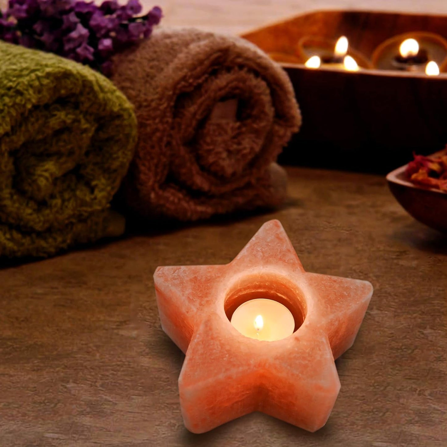 HL Himalayan Rock Salt Handcrafted Candle Holder Shaped Classic Design, Idea for Home Decore & Wellness (Star HL)