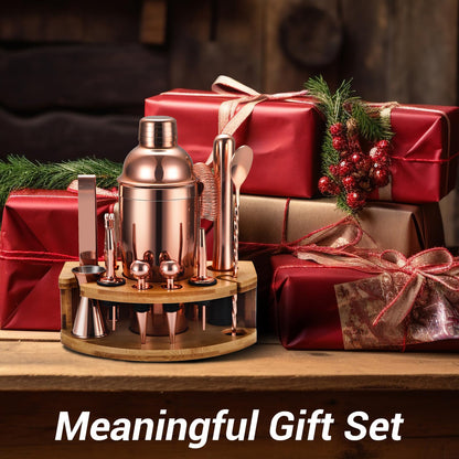 Cocktail Shaker Set Bartender Kit with Stand, 12 Piece Bar Set Drink Mixer Set with Stainless Steel Bar Accessories Tools: 25oz Martini Shaker Jigger Strainer Spoon Muddler for Cocktails (Rose Gold)