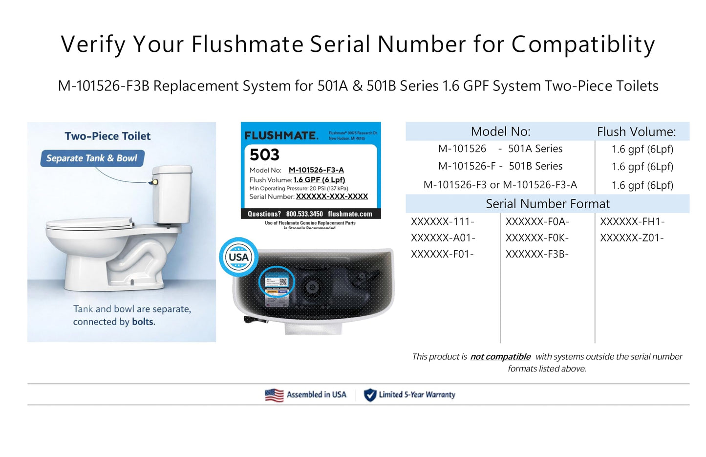 Flushmate M-101526-F3B Complete Replacement System for 501A & 501B: 1.6 GPF System for Two-Piece Toilets, For Toilet Tank With Center Push Button, Quiet Operation