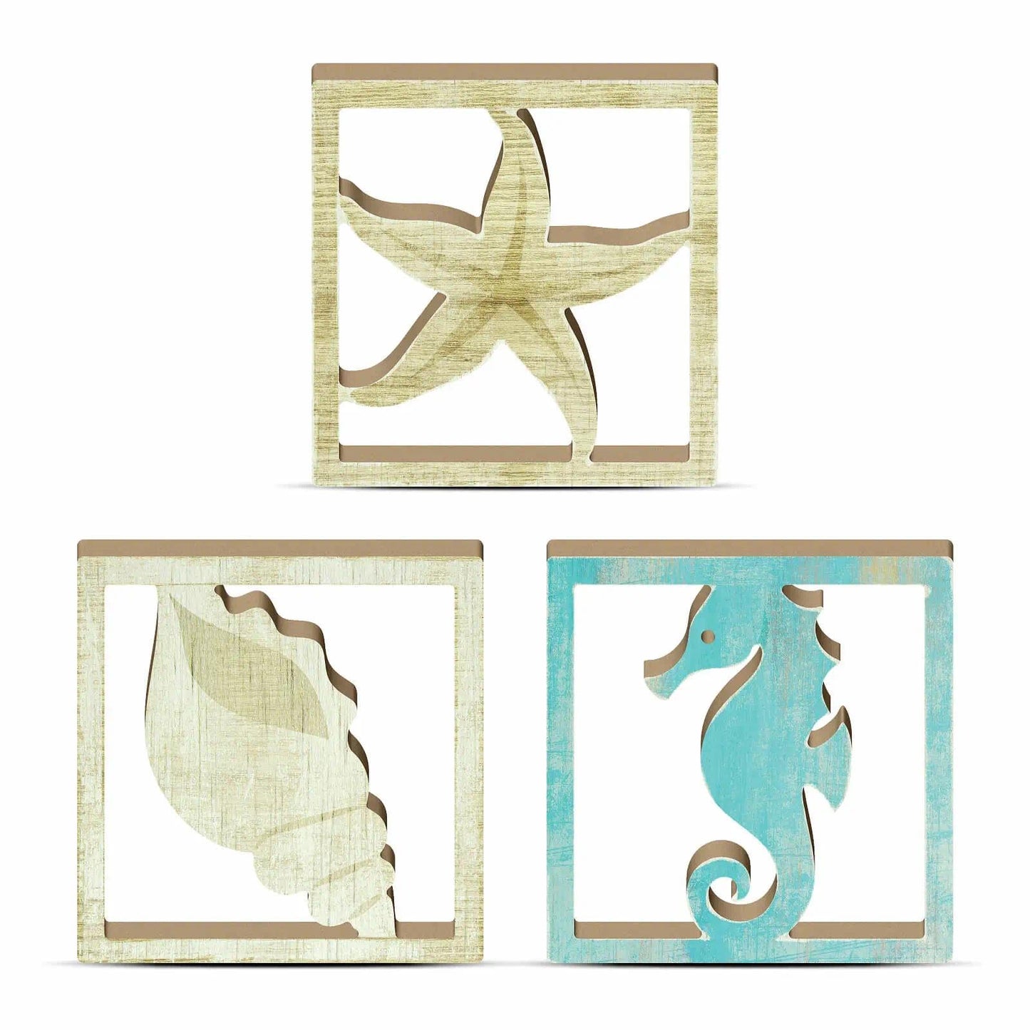 Putuo Decor Coastal Decor, Ocean Themed Tabletop Decor Set of 3, Seashore Seahorse Starfish and Shell MDF Desk Accents for Living Room, Bedroom, Office, Beach House