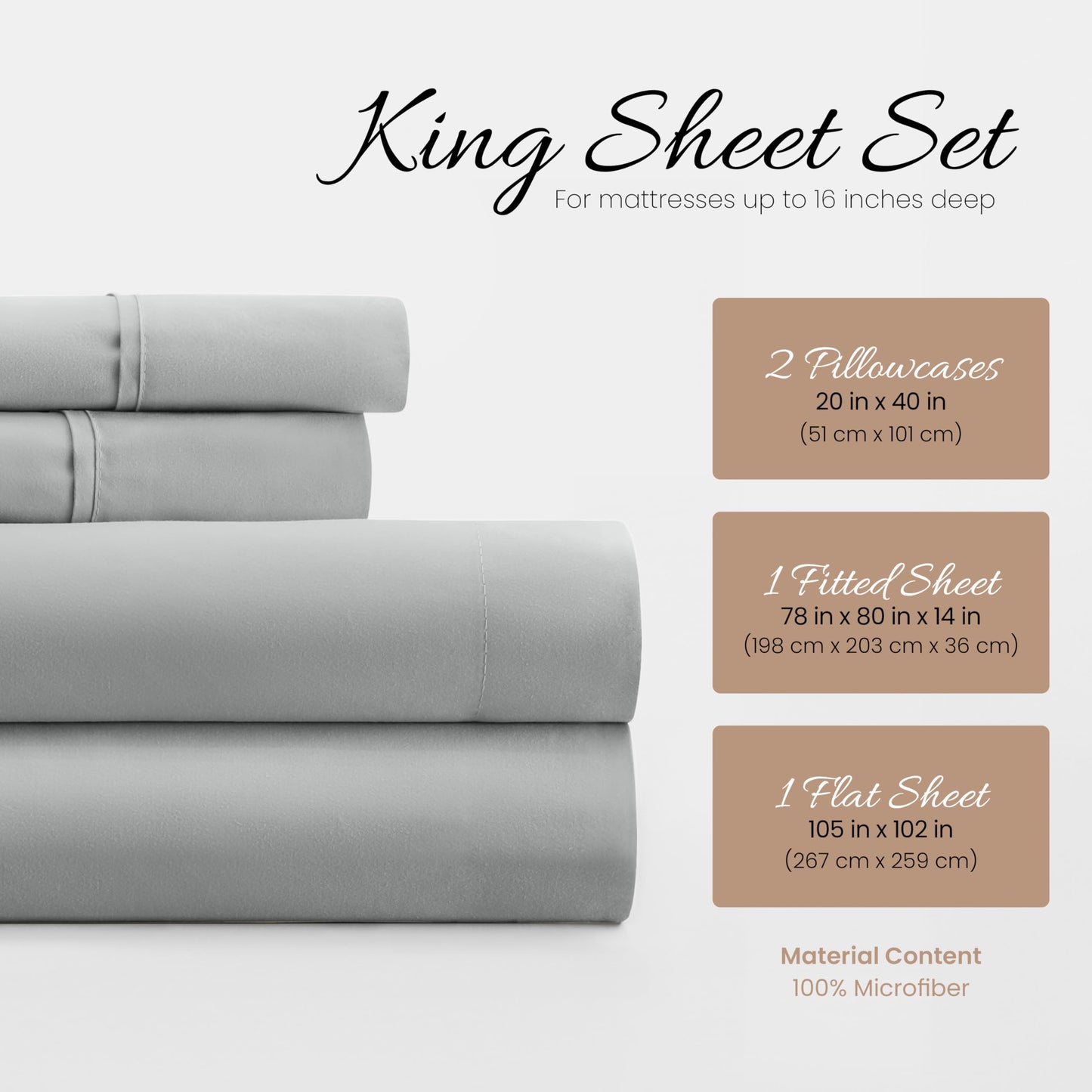 Linen Market Brushed Microfiber King Sheet Set 4 Piece – Oeko-TEX Certified Ultra Soft & Wrinkle-Free - 16" Deep Pocket Sheets - Easy Care King Size - Light Gray