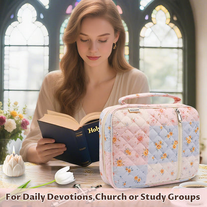 shirabags Quilted Bible Cover Case for Women - Elegant Cotton Bible Bag for Study, Church, Christian Gifts for Women (Blue pin, M)