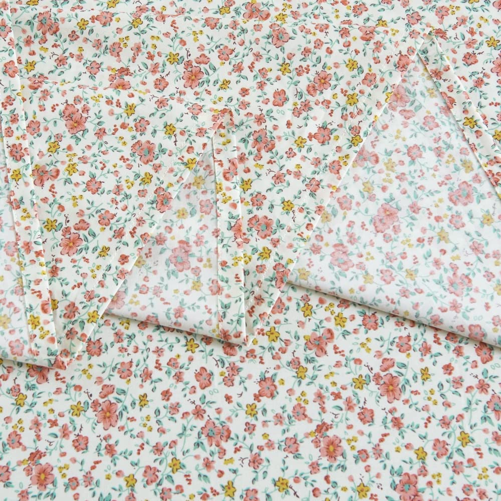 DAUAOTO 100% Cotton Bedding Printed Sheets Set for King Size Bed Up to 14" Deep Mattress, Ditsy Floral Pattern Bedlinen Sets, Pink