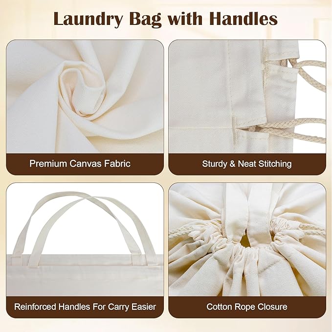 Canvas Laundry Bags with Handles & Rectangular Base, Washable Canvas Drawstring