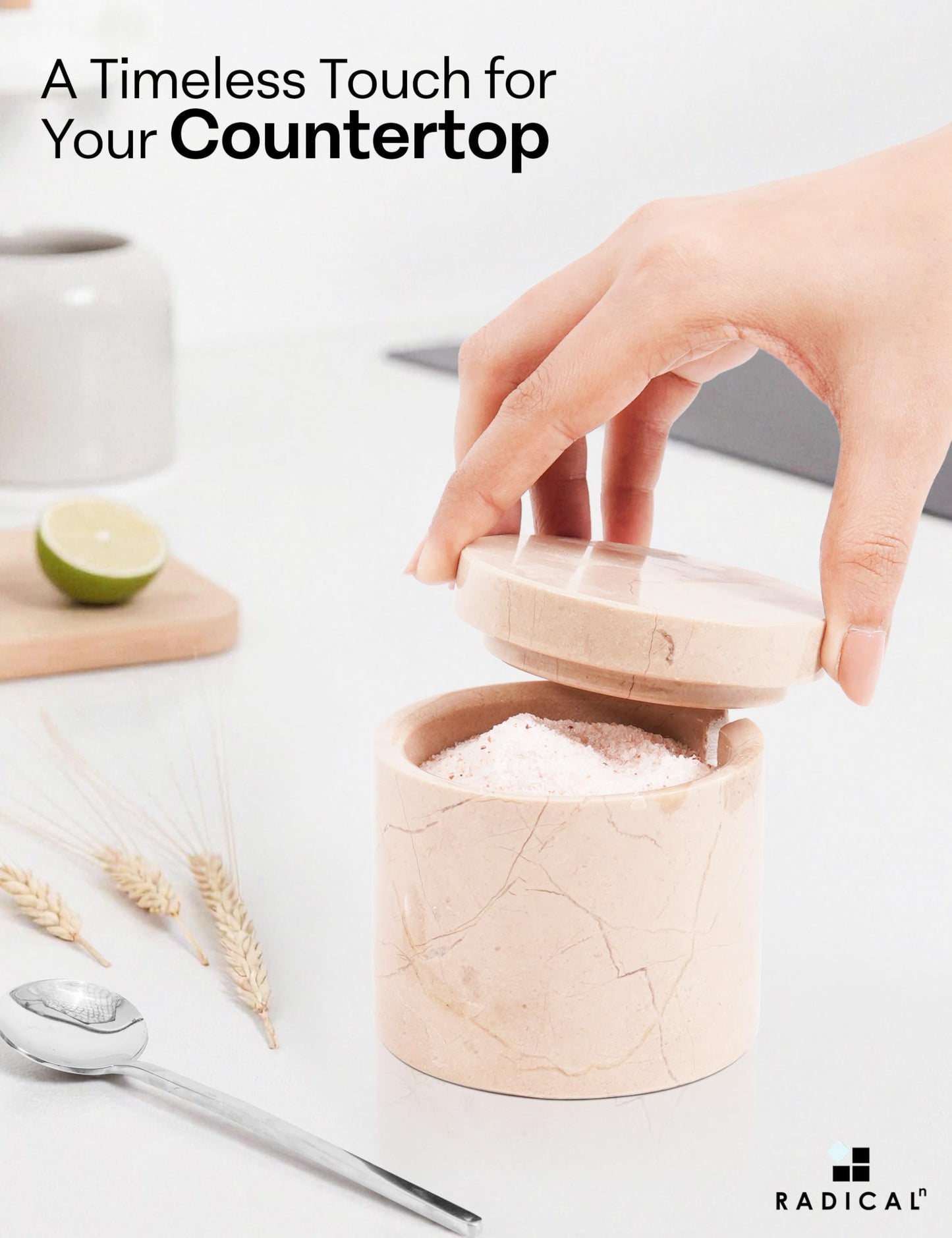 Radicaln Marble Salt Cellar with Lid and Tray 3" Inch Oceanic & Verona Handmade Set of 2 Seasoning Jars For Kitchen Storage, Ideal Table Sugar Bowl & Salt Dish For Countertop