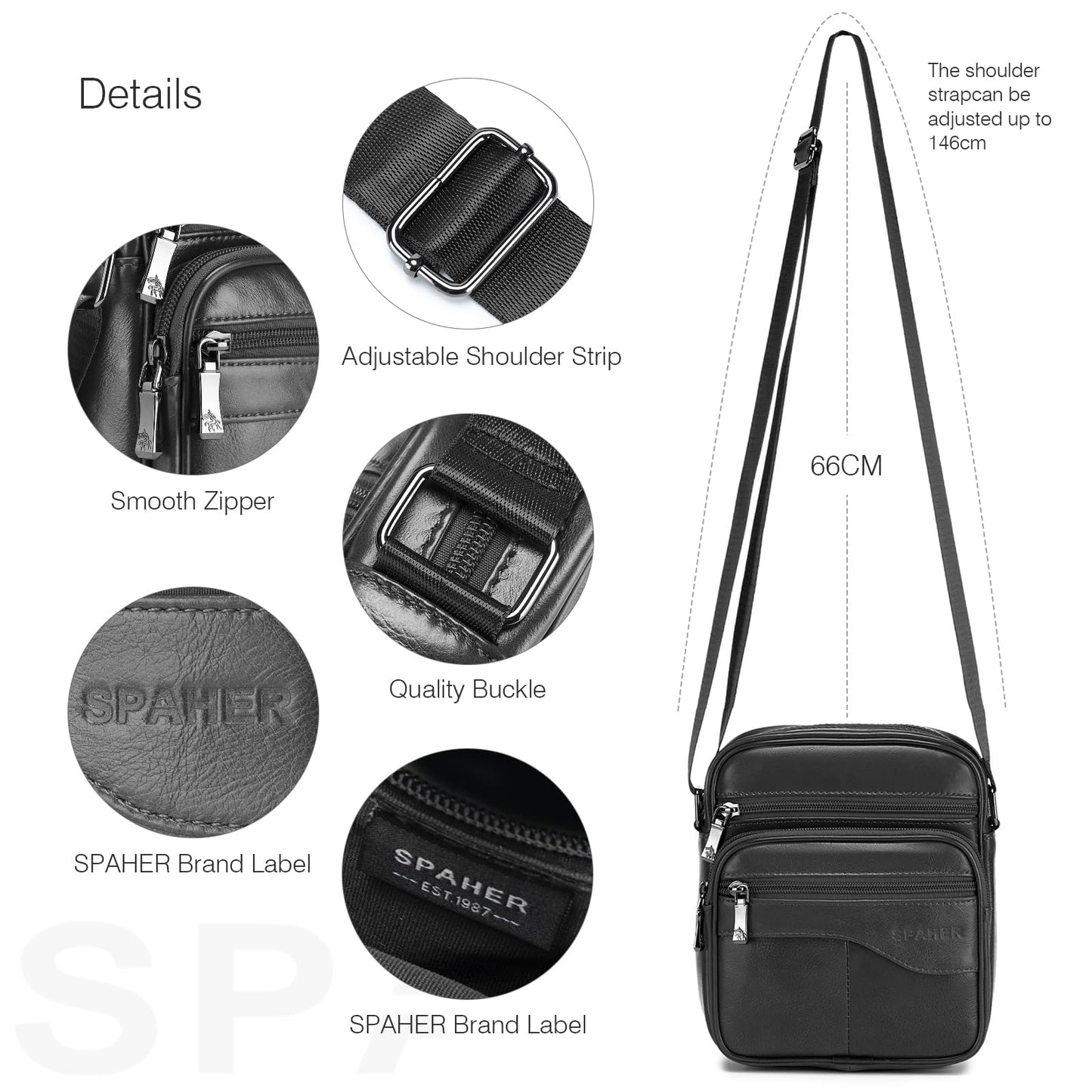 SPAHER Men Small Genuine Leather Handbag Shoulder Bag Satchel Business Messenger Backpack Crossbody Casual Sling Travelling Bag Mens Gift For Wallet Purse Mobile Phone Keys Black