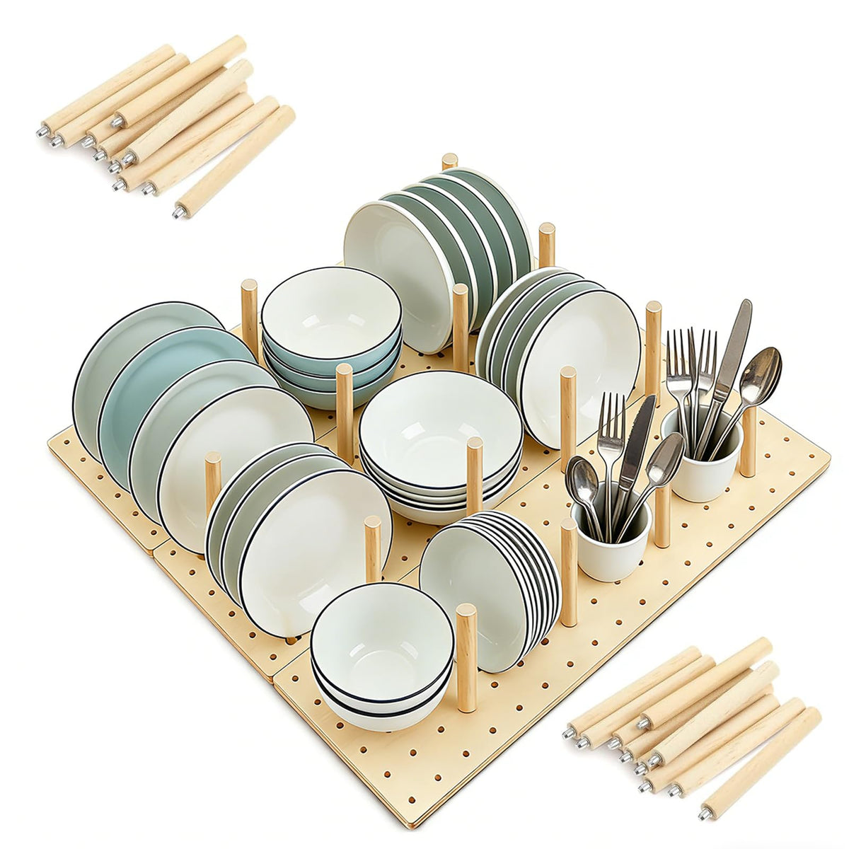 Wooden Pegboard Drawer Organizer for Kitchen - 3 Pack Adjustable Drawer Organizer with 24 Pegs Wooden, Drawer Organizer Kitchen Utensils, Wood Drawer Organizers for Kitchen Countertops & Deep Drawe